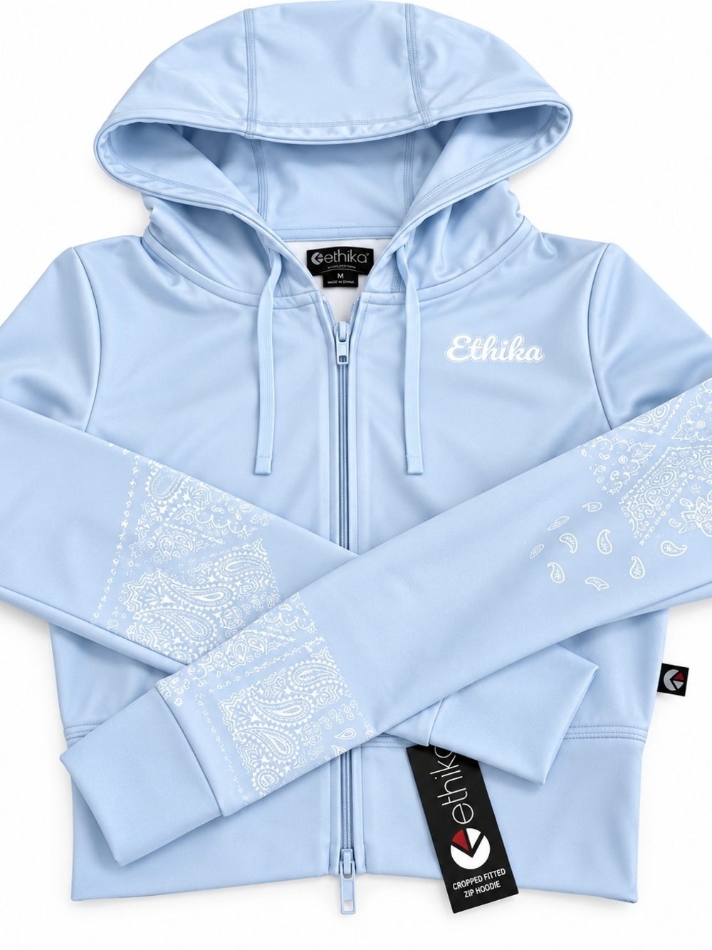 Ethika Women’s XS Light Blue Paisley Cropped Fitted Zip Hoodie NWT